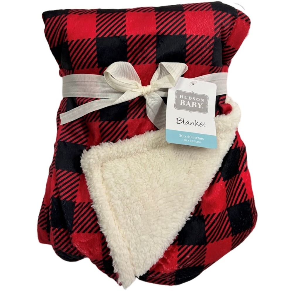 Hudson Baby Red Black Plaid Baby Blanket Beige Sherpa Thick Warm 30x40‎ NWT
